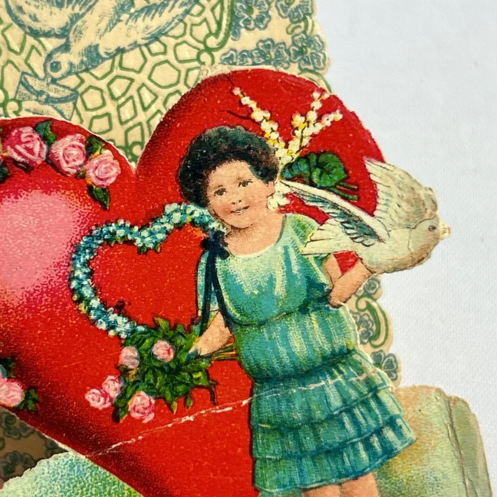 Antique Valentine Fold Out Card 3D Loving Greetings Germany Heart Dove Roses